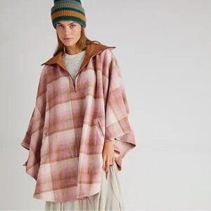 Free People Woodstock Brushed Plaid Poncho Cape Pink Brown One Size Fall Cozy